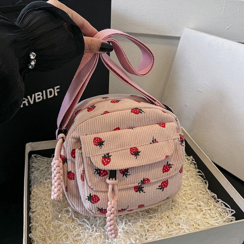 Summer Casual Versatile Strawberry Printed Canvas Phone Bag Single Shoulder Crossbody Bag