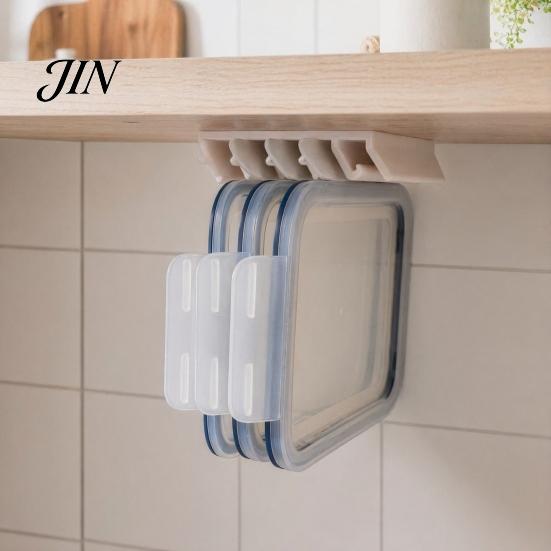 Crisper Seal Lid Holder Storage Rack, with 5-Slot Partition, Adhesive Wall Mount Anti-Mold Fresh-keeping Box Rack Hanger, Space Saving Organizer