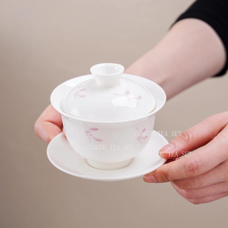 Ceramic Sheep Fat Jade Covered Bowl Dehua White Porcelain with Lid Tea Bowl Large Kung Fu Household Tea Set Gaiwan