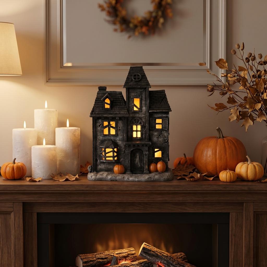Halloween Haunted House Lighted Decoration with Ghost Figures and Pumpkin Accents Battery Operated Indoor Tabletop Display for Seasonal Party