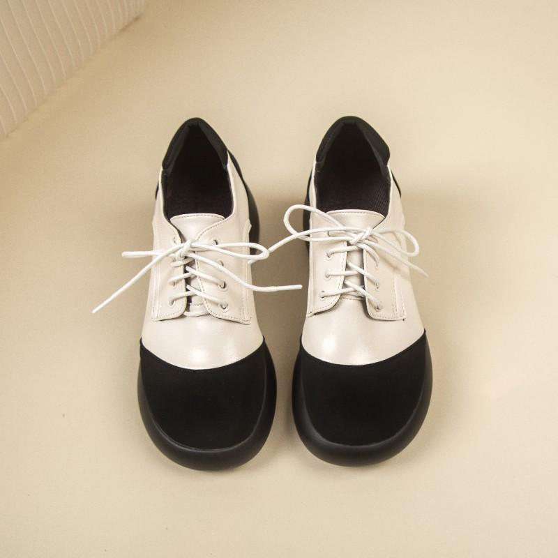 Fashion Women's Fashion Thick Heel Shoes Spring New Round Head Deep Mouth Splicing Front Lacing Thick Sole Mid-heel Shoes