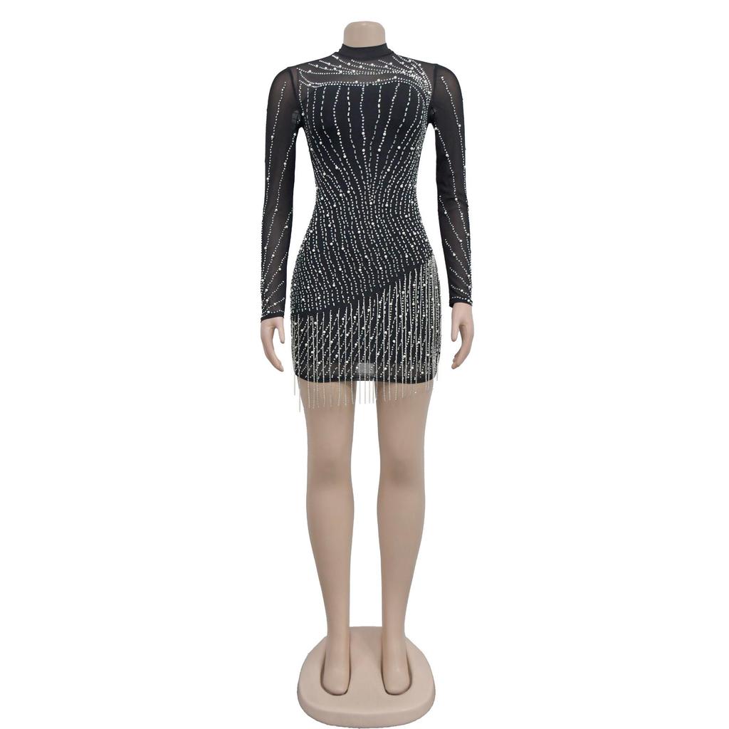 European & American Fashion Women's Long Sleeve Mesh Dress with Beaded Short Skirt