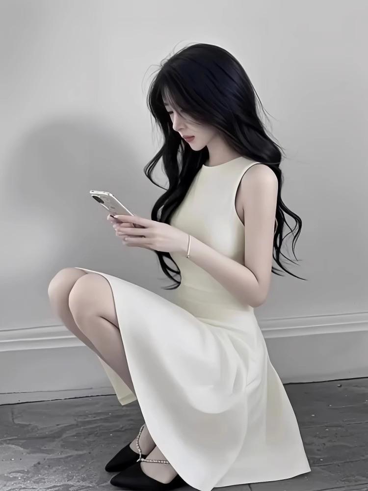 Summer Knit Cotton Blend Sleeveless High Waist Aline Dress For Teen Girls