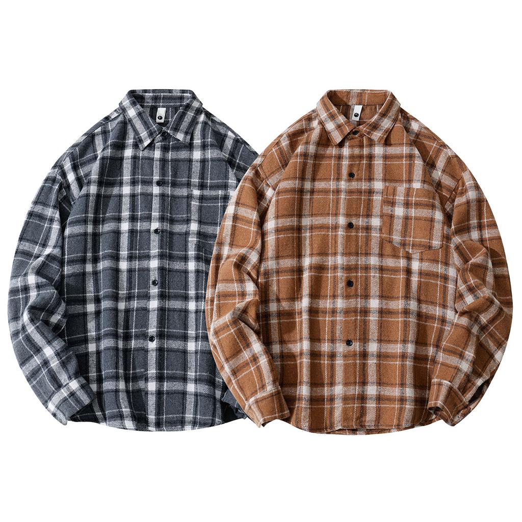 Autumn Men'S Abraded Thickened Plaid Long Sleeve Shirt Men'S Casual Loose Shirt Jacket