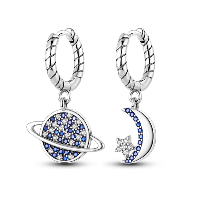 Fashion 925 Silver Color Earrings Blue Zircon Stars Moon Irregularity Earrings For Woman Fine Birthday Jewelry Gifts