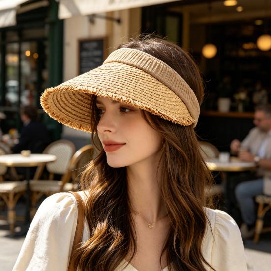 Hollow Top Sun Hat, Foldable Braided Straw Hat with UV Protection, Breathable Design Wide Brim Hat for Summer Travel Outdoor Activities