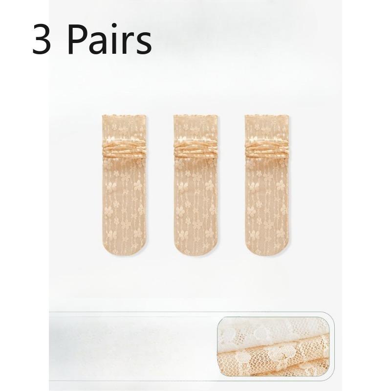 

3 пары женских летних тонких носков-гольф с кружевом и цветами 3 Pairs телесный