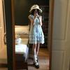 Seaside Vacation Wind Wave Design Short-sleeved Blue Dress Women's Summer New Super Good-looking Temperament Princess Short Dress