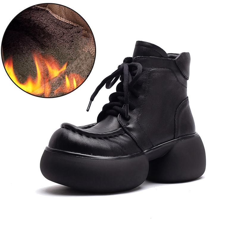 Johnature Botines cortos de felpa de estilo británico retro de cuero genuino con suela gruesa, zapatos de plataforma versátiles para mujer