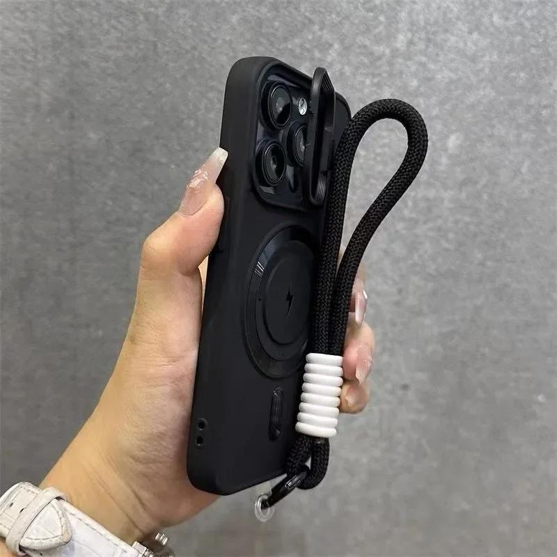 Flip Up Lens Holder Magnetic Case for For Iphone 16 1 14 13 12 11 Pro Max 17 Plus Nylon Wristband Lanyard Soft Cover