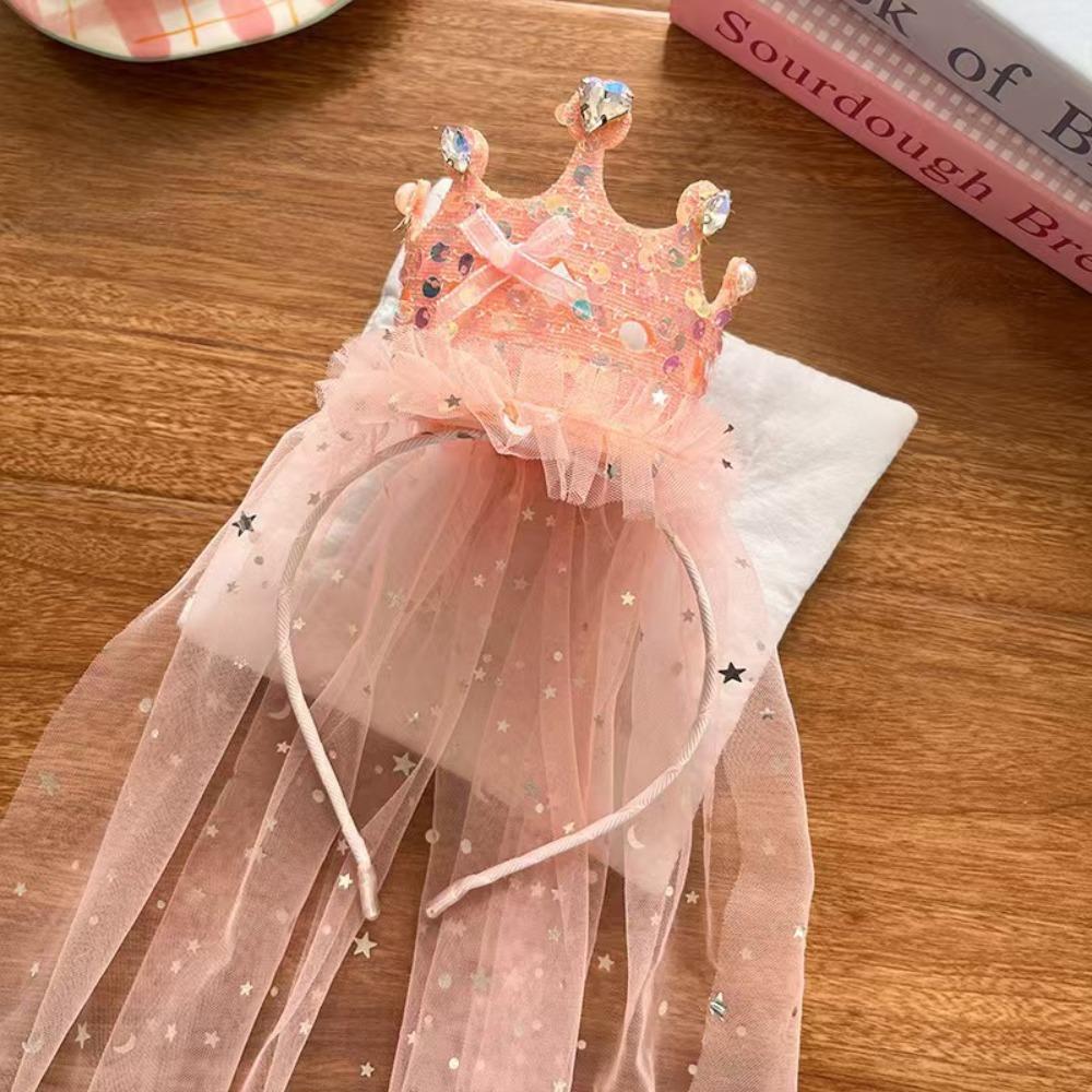 Sparkly Princess Crown Veil Headband Tulle Pink White Sequin Birthday Party Headwear Hair Accessories Glitter Dress Up Headbands