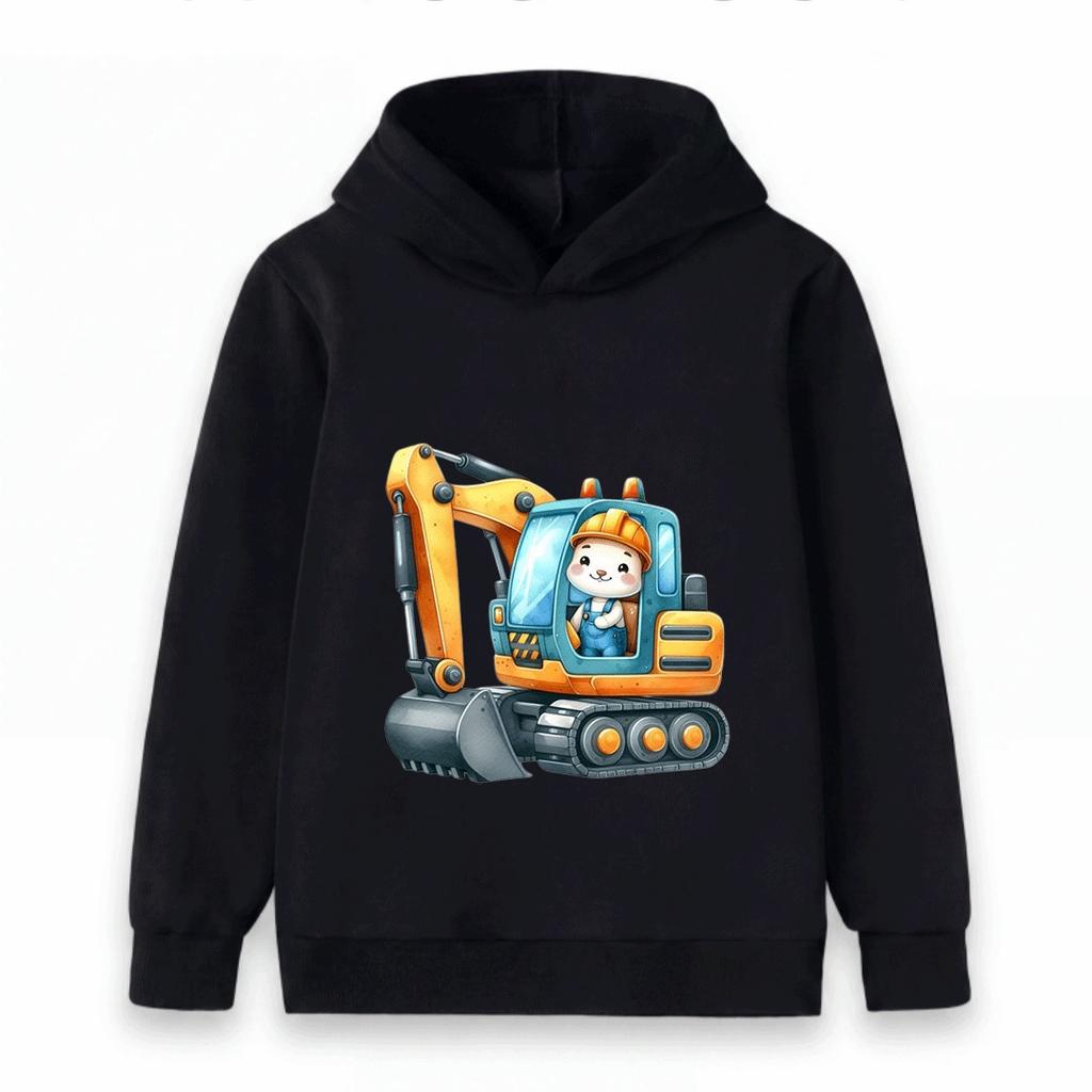 Kids Hoodie Cute Rabbit Excavator Print Casual Pullover Sweatshirt for Boys Girls Soft Warm Top for Construction Vehicle Lovers