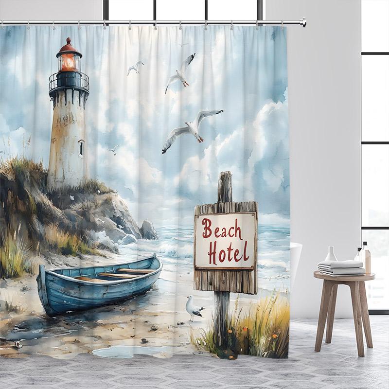 Niebieski Ocean Latarnia Morska Zasłony Prysznicowe Vintage Łódź Mewy Fale Morskie Akwarela Sztuka Nowoczesny Wystrój Zasłony Łazienkowej Z Haczykami