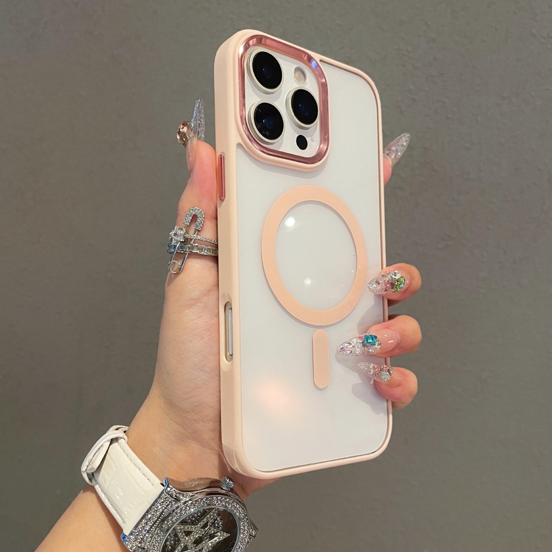 

iPhone 17 Pro Max Drop-proof Magnetic Transparent Case with Apple 15 Metal Mirror Frame iPhone 13 Plus розовый