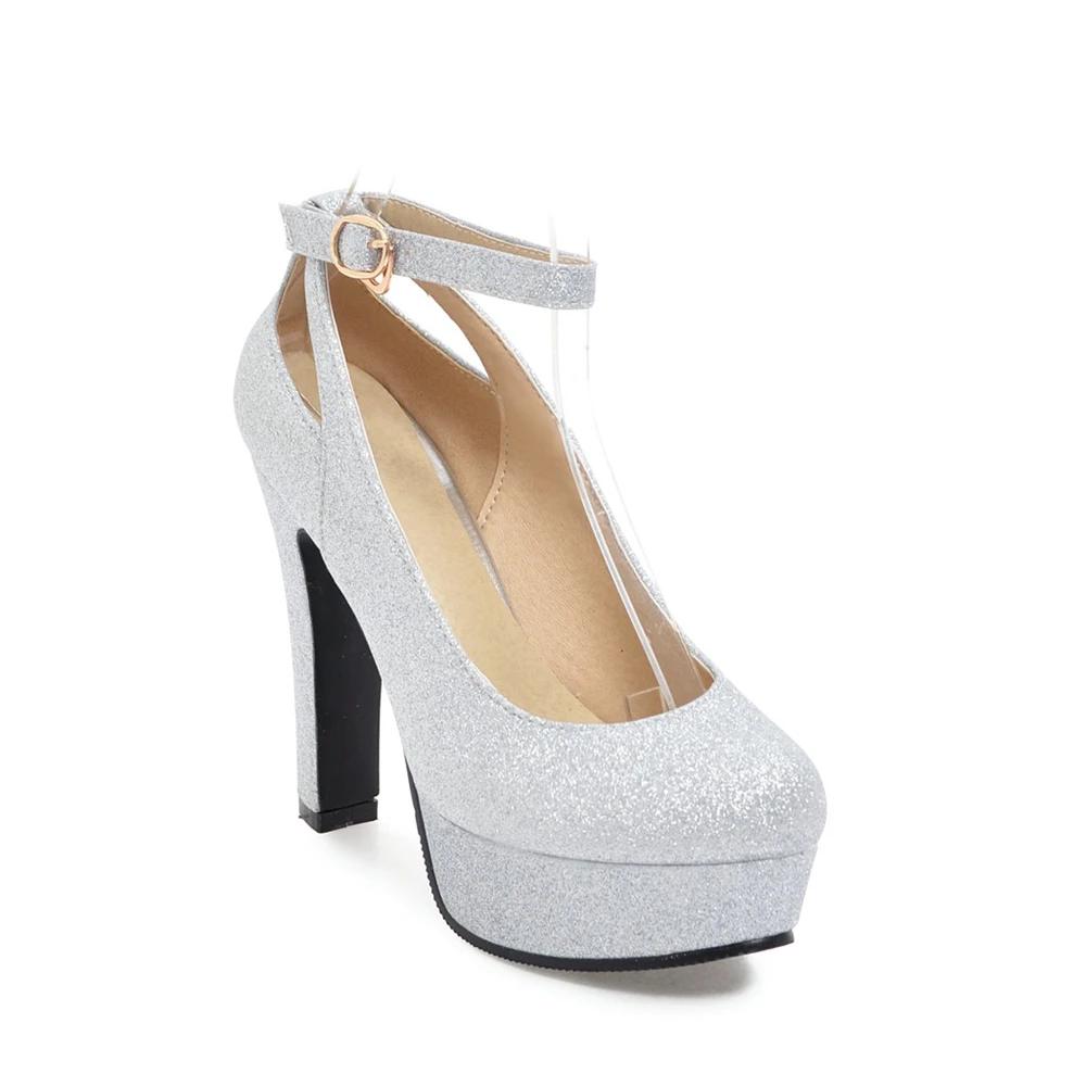 

Туфли на высоком каблуке с ремешком на щиколотке, сексуальные женские туфли-лодочки, блестящая ткань с пайетками, толстая платформа, женские вечерние туфли, пряжка, вырез, фиолетовый 43 серебряный