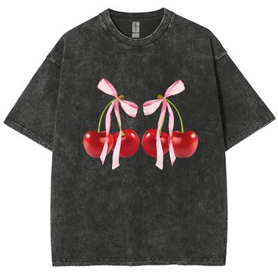 Süßes Mädchen Niedlicher Wind Kirschschleife Druck Damen T-Shirt Locker Waschen Rundhalsausschnitt Kurzarm Sommer