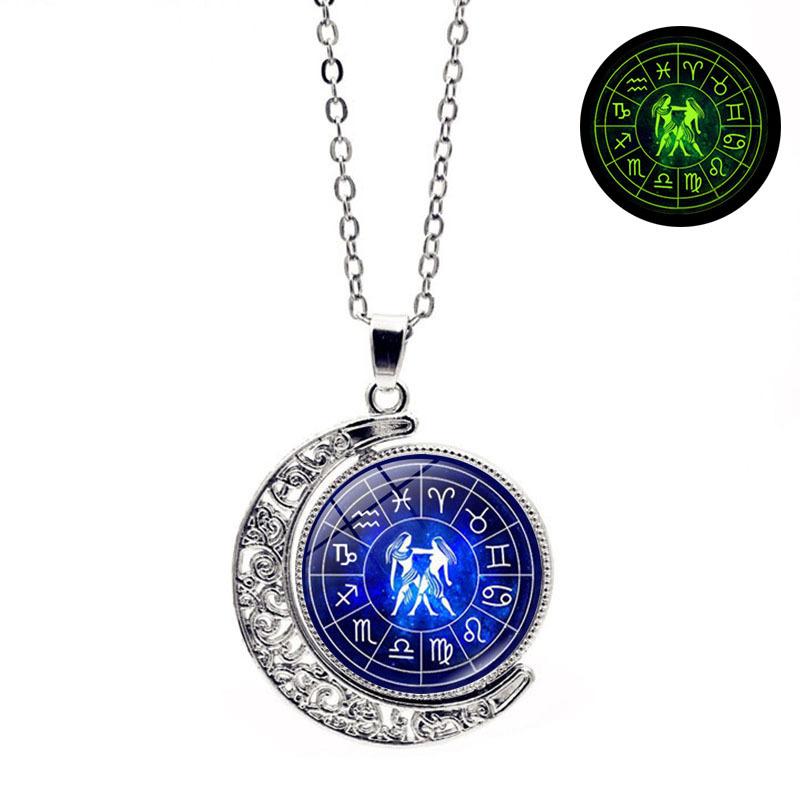 Luminous Twelve Constellations Double-sided Rotating Moon Pendant Necklace for Women European and American