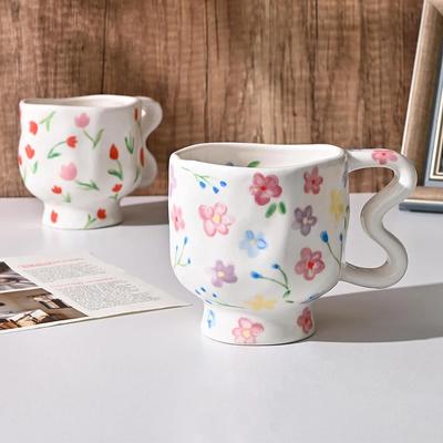 Ceramic Coffee Cup Hand Painted Tulip Flower Pattern Breakfast Oat Jar with Handle Milk Tea Drinkware for Couple Friend Family