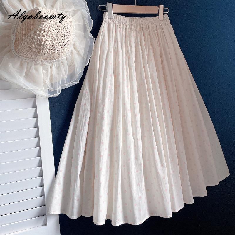 Korean Style Summer Spring Women Cotton Midi Skirt High Waist Polka Dot Contrast Color Sweet Skirt Elegant Feminine Basic Ladies' Skirt