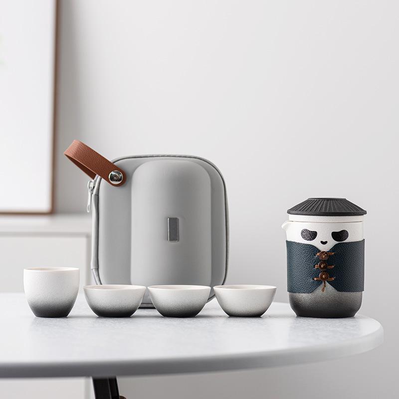 High-end Panda Kung Fu Travel Tea Set, One Pot, Two, Three, Four Cups, Portable Business Commemorative Birthday Gift.