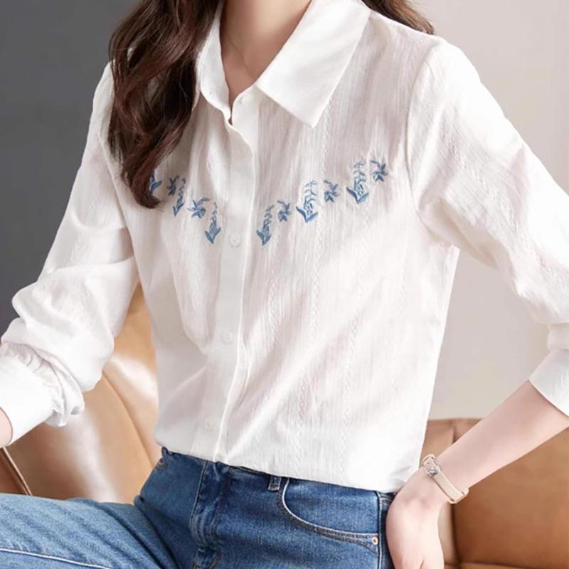 

White Shirt Women s Long-sleeved Spring Clothes New Embroidered Top Pure Cotton Embroidered Women s Casual Shirt XXL білий