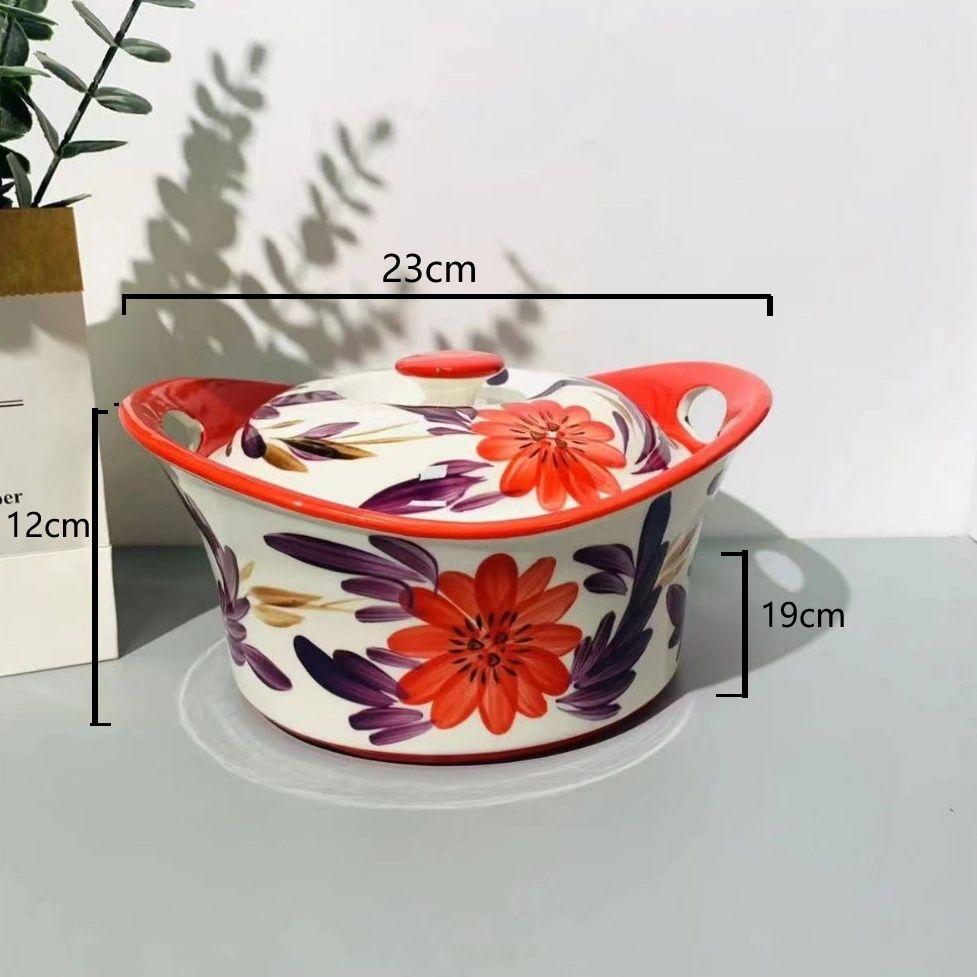 Ceramic Covered Bowl Hand-painted Candy Snack Storage with Lid Bead Point Baking Bowl Rice Bowl