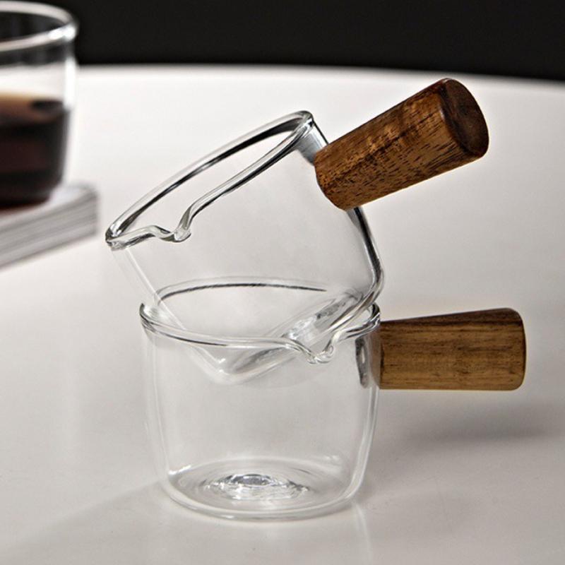 1 Stück Glas Messbecher mit Holzgriff Glas Espresso Messbecher Doppel Einzel Mund Milch Kaffee Klarer Becher Kaffeezubehör