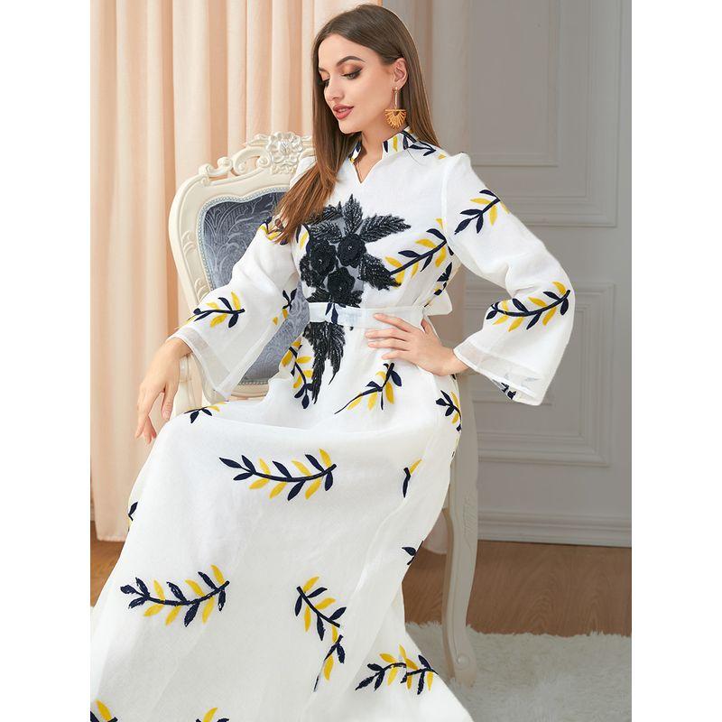 

Весна/Лето 2023 Элегантная женская одежда Модное платье с длинными рукавами Белое платье с вышивкой Индонезия Ближний Восток Пояс Платье-халат White 2XL