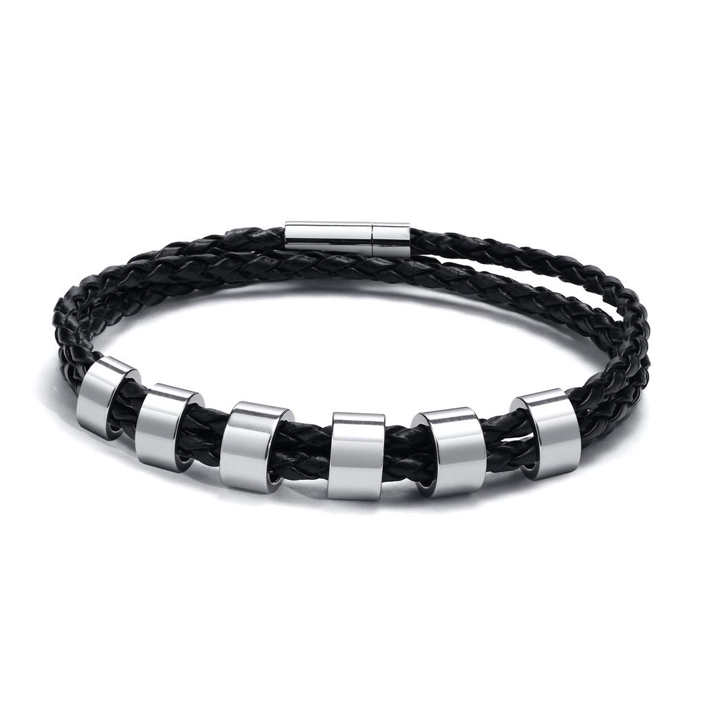 Custom 1-7 Names Multi Layer Leather Bracelet for Men,Stainless Steel Beads Handmade Braided Wristband,Gift for Father Dad