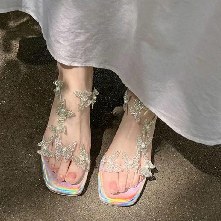 Fashion Rhinestone Sandals Women 2025 Summer New Fairy Wind Beautiful Fashion Butterfly Crystal Heel High Heel Half Slippers Outer Wear
