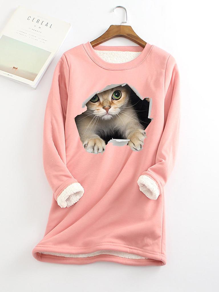 Autumn and Winter New Plus Size Fashionable Round Neck Pullover Cat Long Sleeved Plus Plush Thick Women's Bottoming Shirt Top