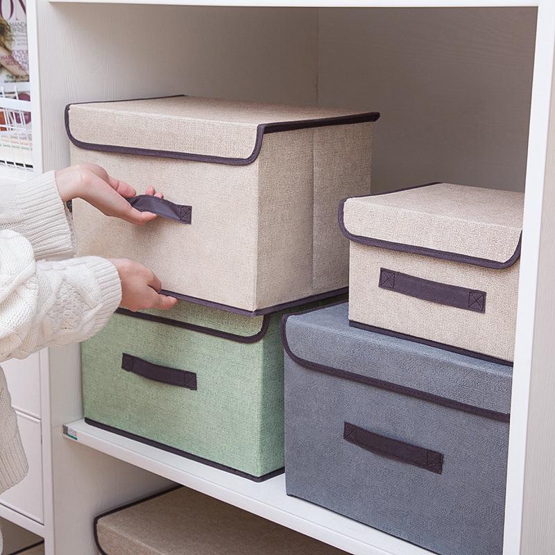 Foldable Dustproof Linen-Style Storage Box with Lid for Clothes and Sundries