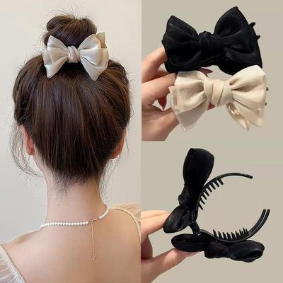 Solid Color Mesh Bow Hair Clip for Woman Elegant Shark Clip Fashion Girl Ball Head Hair Clip Hair Accessories