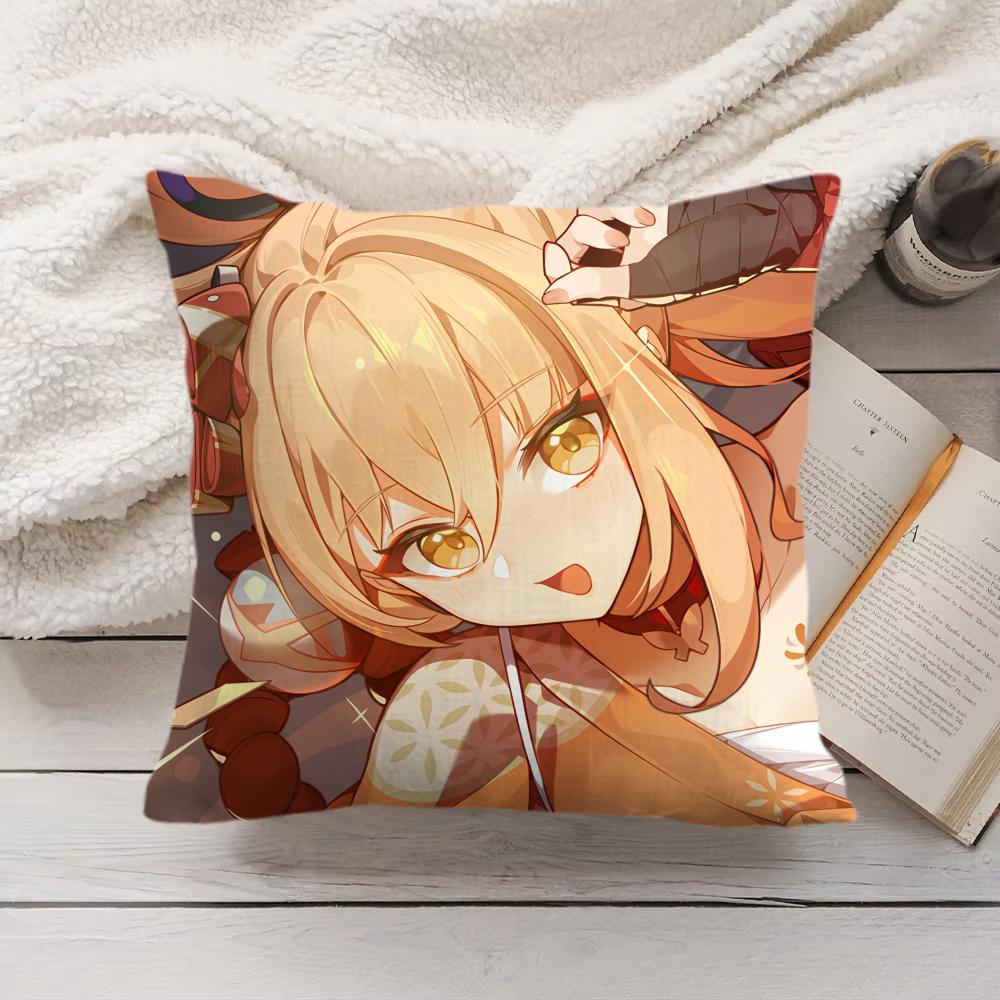 Yoimiya Genshin Impact Cute Cushion Cover Silky Short Plush Invisible Zipper Dustproof Sofa Pillow Case For Home Decor