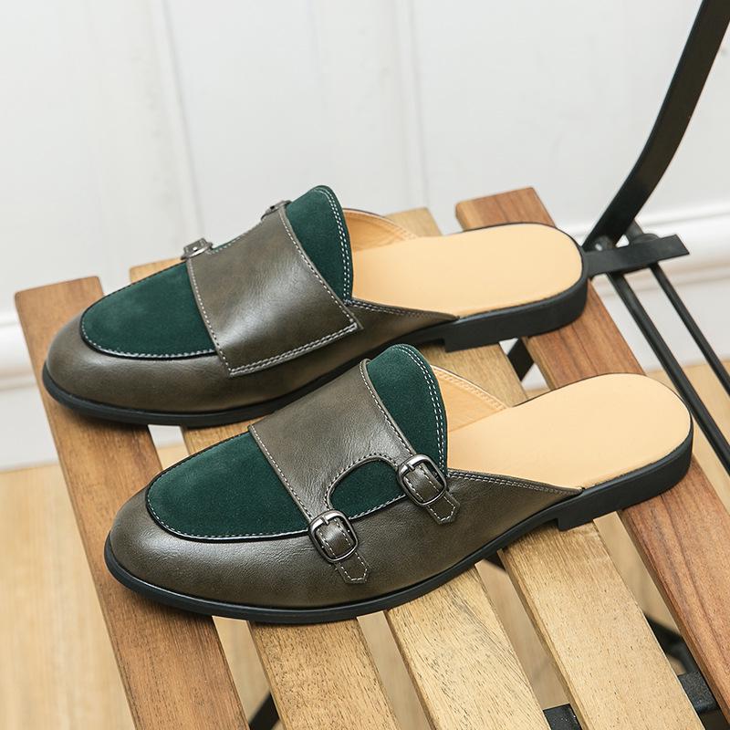 Men s Summer Leather Slip-On Loafers: Trendy Half-Open Closed-Toe Design Size 42