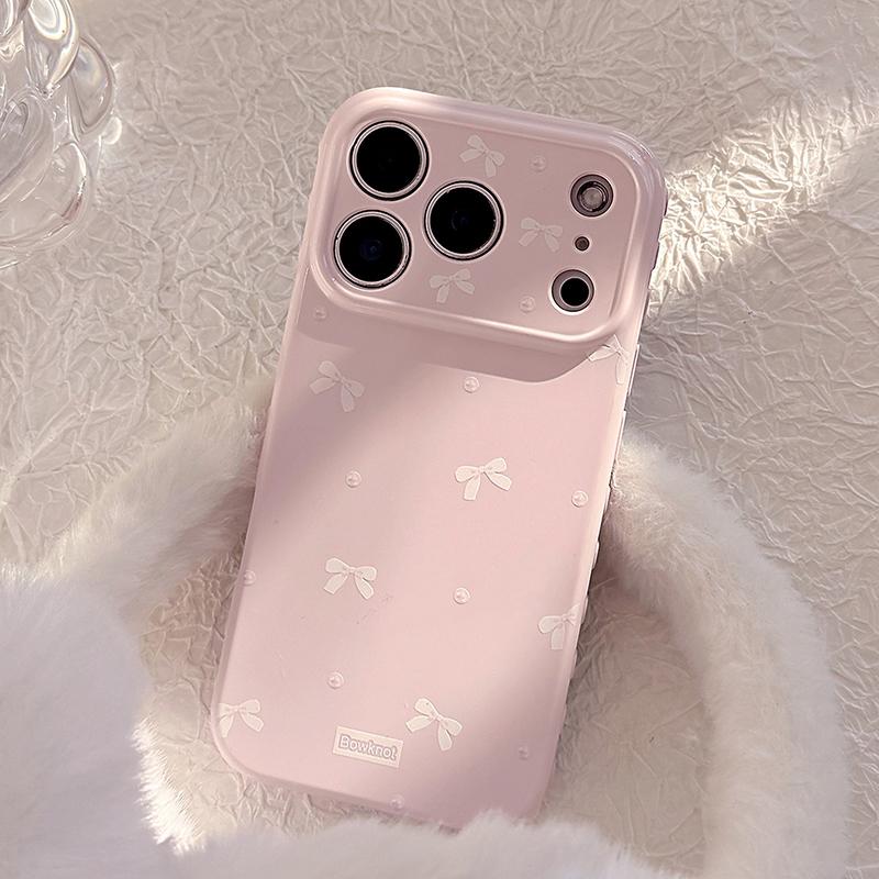 Cute White Bow Candy Color Soft Heart Relief Side Phone Case For iPhone 17 16 15 14 13 12 11 Pro Max 14 Plus Shockproof Cover