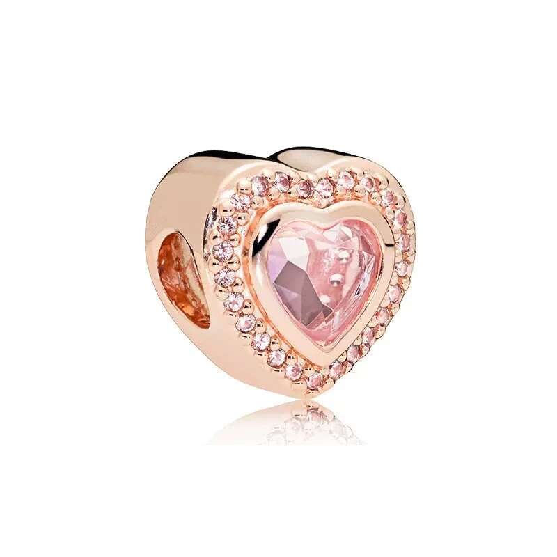 Plated Rose Gold Sparkling Pink Air Balloon & Levelled Heart Charm Bead Fit Original Sier Bracelet DIY Jewelry