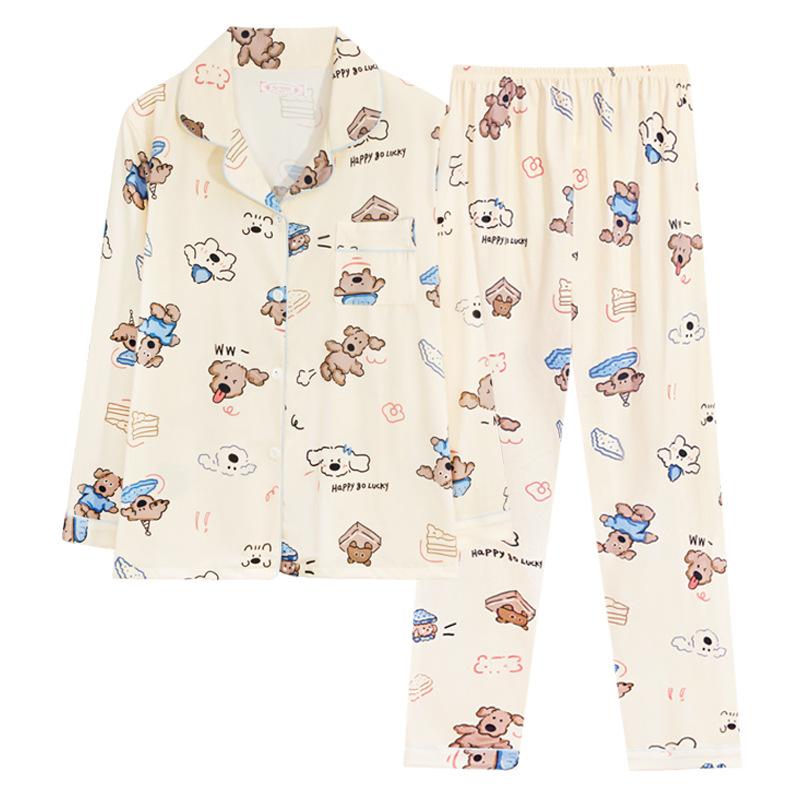 Pajamas female cute cartoon imitation cotton long-sleeved trousers casual cardigan girl raw loungewear two-piece set autumn and winter