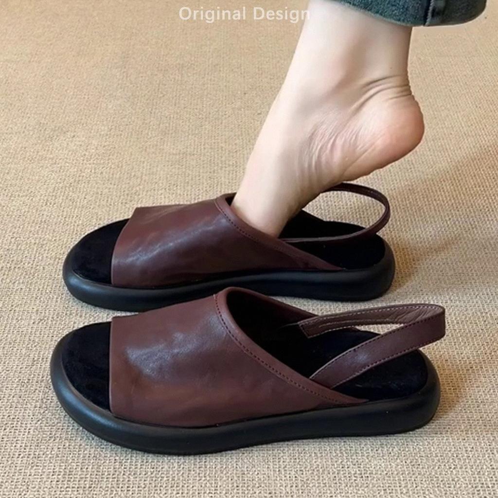 [Fanfna] Super Soft Leather 2025 Summer New Wear Retro French with Skirt Soft-soled Flat-soled Roman Shoes