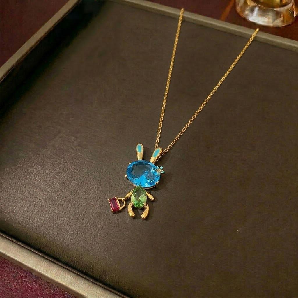 Women's Retro Zodiac Birthstone Moon Rabbit Necklace – Zircon Pendant for Valentine's & Qixi Festival
