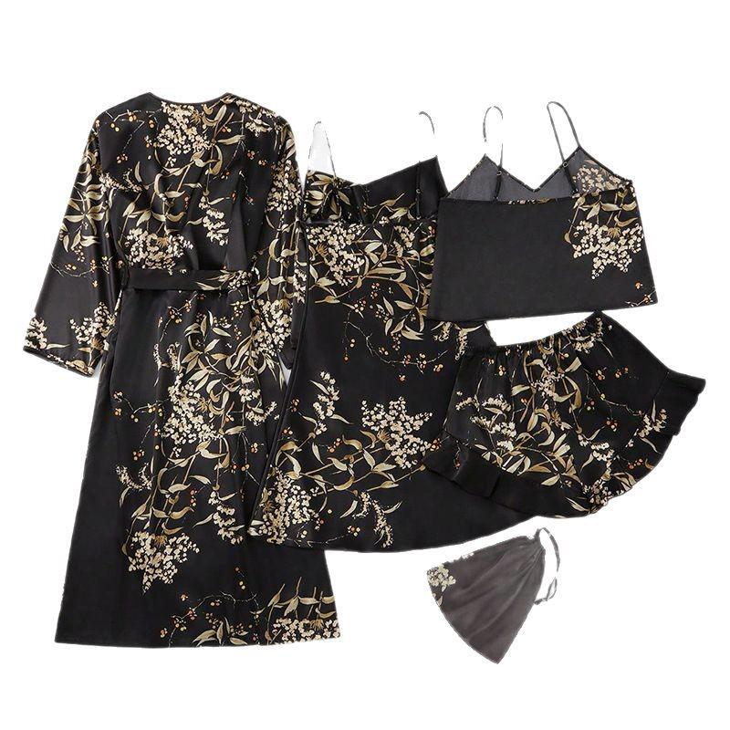Elegant Women's Spring & Autumn Ice Silk Pajama Set: Long Sleeve Camisole Nightdress & Robe, 5-Piece Luxury Home Wear.
