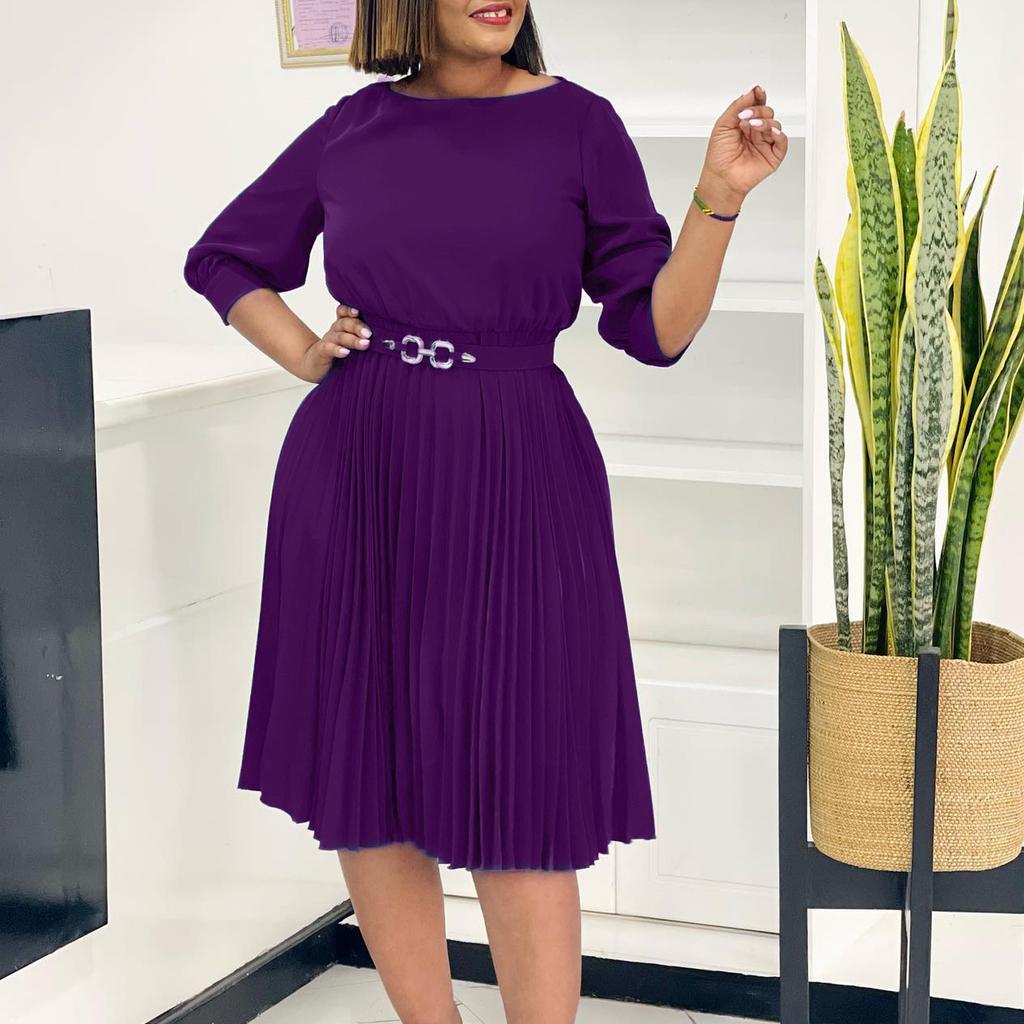 New Women's Clothing - Stylish and Elegant Round-neck, Three-quarter Sleeve Pleated Dress