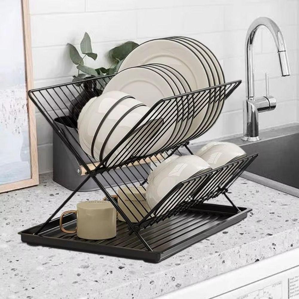 X-Shape Countertop Dish Drainer Non-slip Kitchen Tableware Holder Plate Drying Shelf  Home