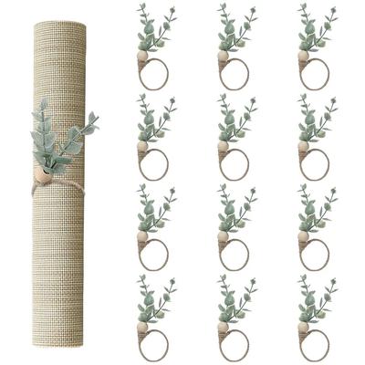4/6/12pcs Eucalyptus Napkin Rings Handmade Wooden Beads Home Decor Faux Greenery Napkin Holders for Weddings Party Ornament