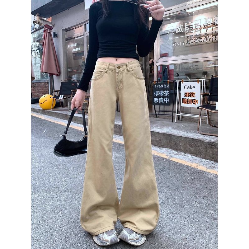 Kumikumi Retro Khaki Mid-Low Waist Bell-Bottom Pants Denim Women's Clothing Autumn Niche Style Chic Slimming Trousers