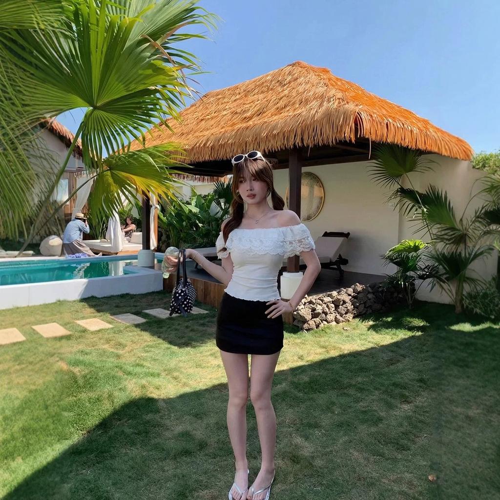 French Ruffle Edge One-word Shoulder Short-sleeved T-shirt Women's Summer Pure Desire Style Slim-fitting Bottoming Shirt Temperament Short Top
