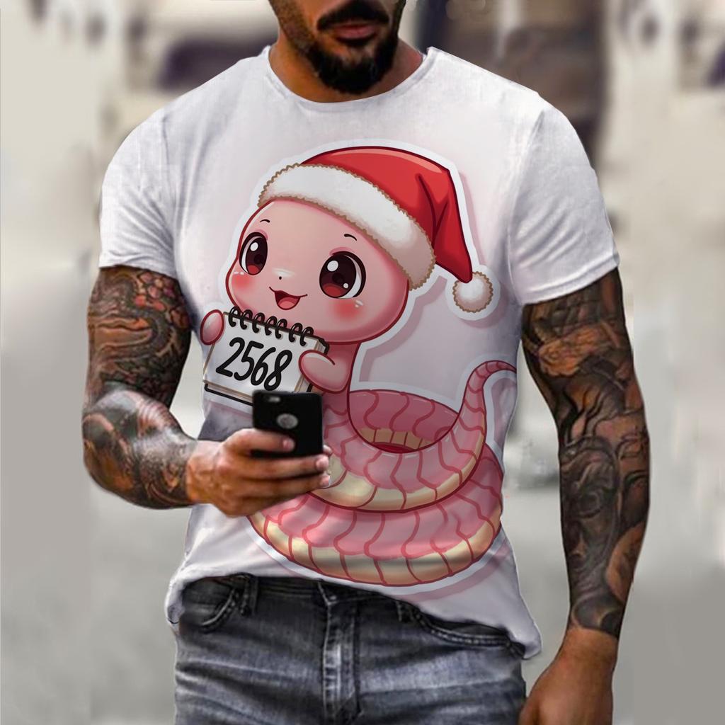 T-shirt décontracté à manches courtes pour homme imprimé 3D Année du Serpent du Nouvel An 2025 Confortable Respirant Imprimé Rétro