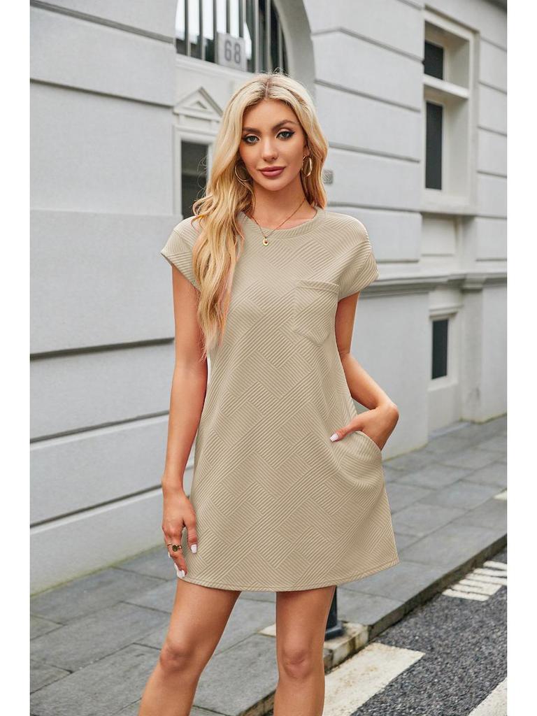 2024 Jacquard Pattern Crew Neck Pocket Short Sleeve Loose Women’s Dress