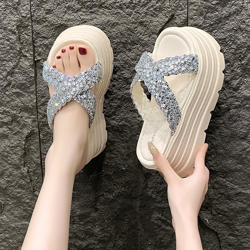 Fashion New 8CM Summer Women Slippers Flip-Flops Ladies Beach Bling Shoes Wedge Heels Shoes Woman High Platform Slippers Outside Sandals