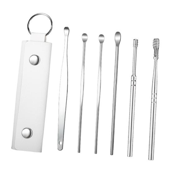 6-Piece Stainless Steel Ear Pick Set Spiral Ear Cleaner Tools with Faux Leather Case Home Ear Care Kit for Home Travel